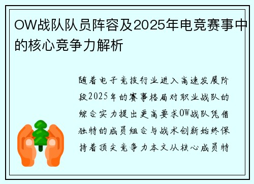 OW战队队员阵容及2025年电竞赛事中的核心竞争力解析