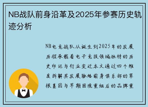 NB战队前身沿革及2025年参赛历史轨迹分析