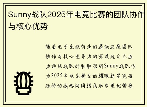 Sunny战队2025年电竞比赛的团队协作与核心优势